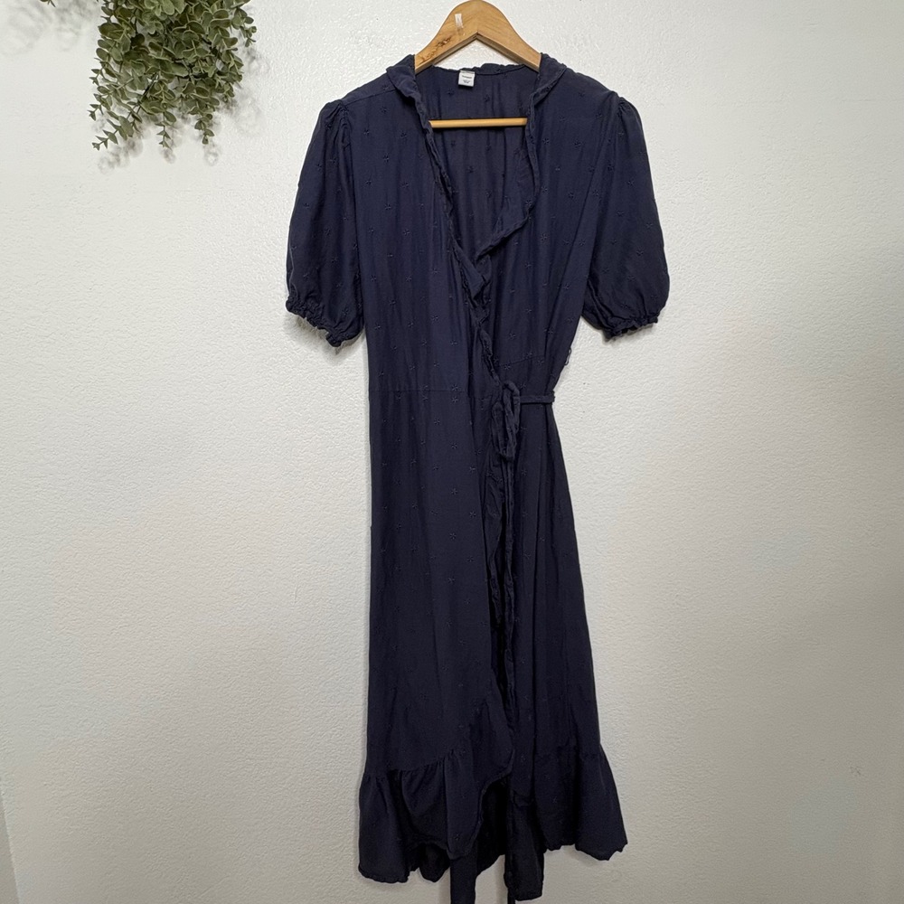 Old Navy Womens Navy Blue Star Embroidered Ruffle Wrap Midi Dress Large - Picture 2 of 7